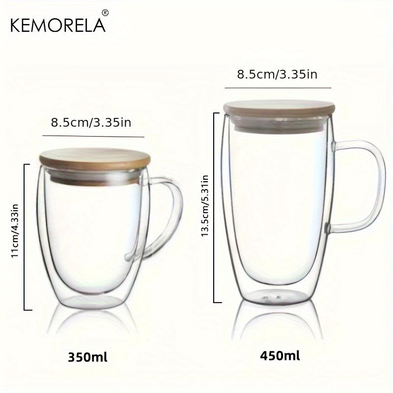 KEMORELA Dubbelwandige Glazen Koffiemok 350/450ML met Bamboe Deksel Heldere Mok met Handvatten voor Warme Dranken zoals Cappuccino