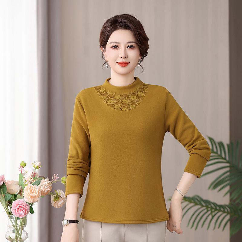 Mom's Autumn/Winter Warm Velvet Top for Middle-Aged & Elderly Women - Fashionable Thick Half-High Collar Base Layer