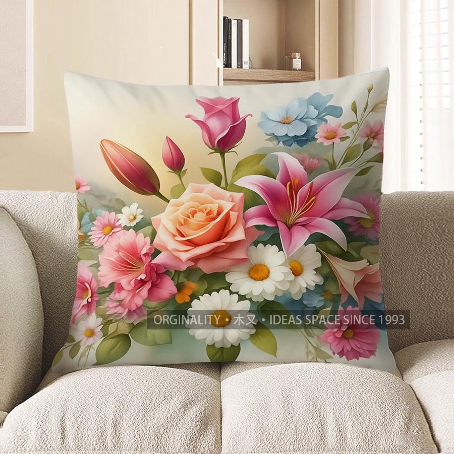 Home Decor Bouquet Of Flowers Decorative Throw Pillow Pattern Cushion Cover Suitable For Sofa Bedroom Car Pillow Cover