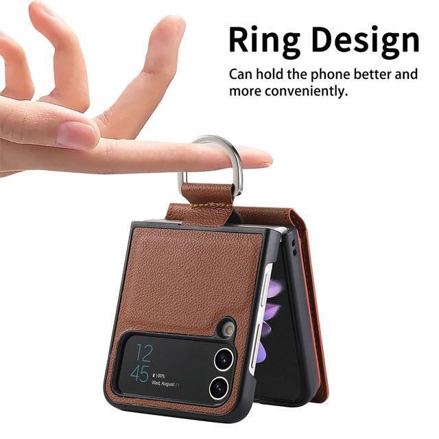 För Samsung Z Flip 4 Zflip4 Anti-Falling Finger Ring Korthållare Läderfodral För Samsung Galaxy Z Flip 4 Flip4 5g telefonskal