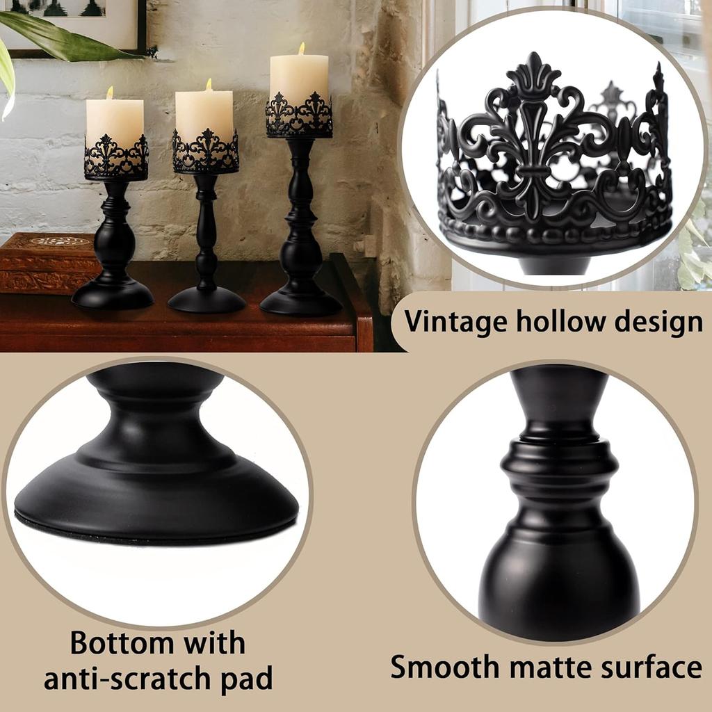 Vintage Pillar Candle Holders for Table Centerpiece Set of 3-11'' 9'' 8'' - Matte Black Metal Candle Stands Decorative - Candle Centerpiece for Table