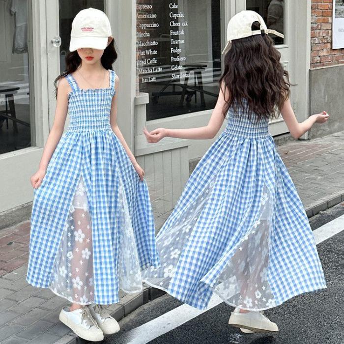 Girls Summer Korean Plaid Mesh Waist Cinch Dress Big Kids Chic Casual Elegant Tulle Sundress 120