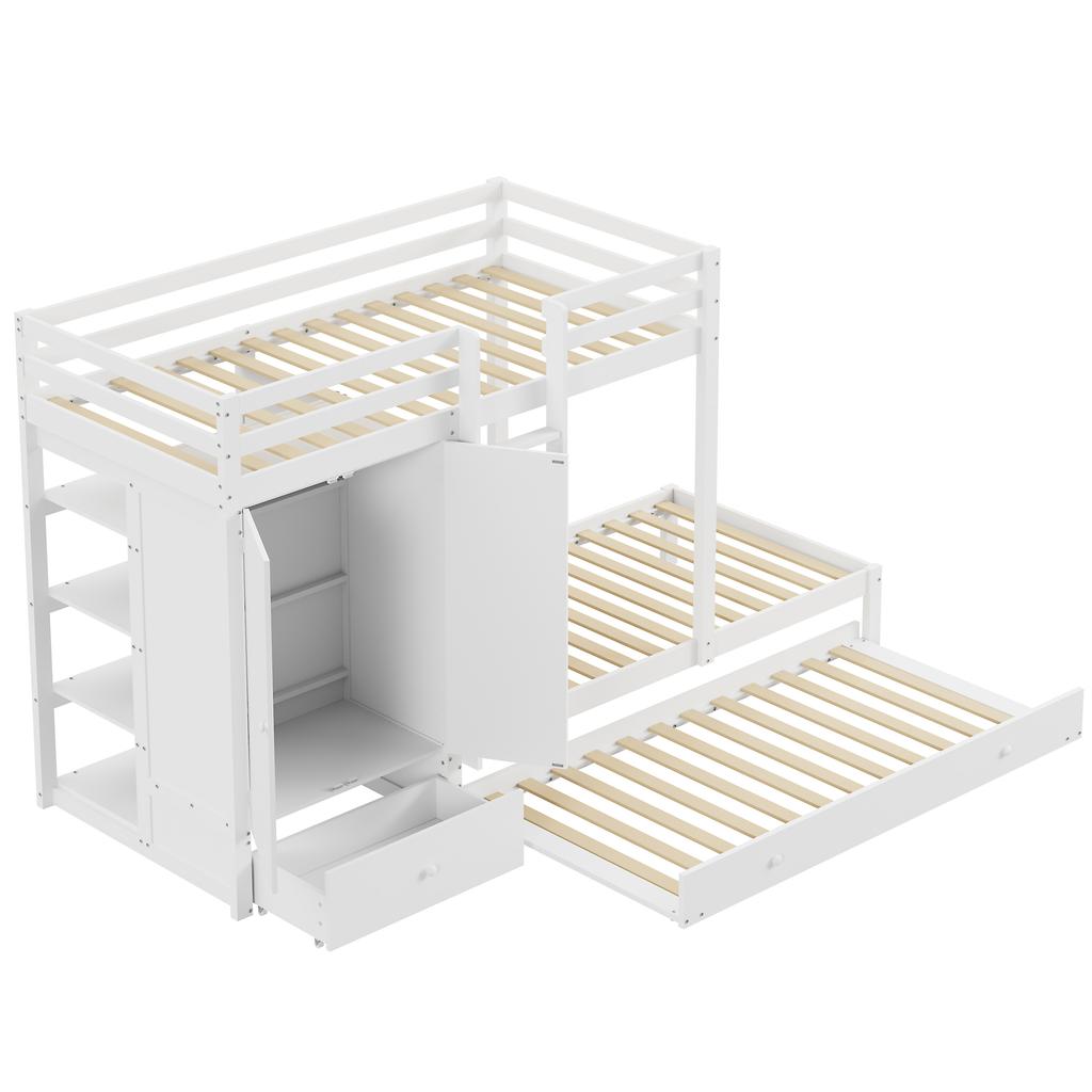 Massivholz-Etagenbett 90*200 mit Ausziehbett, Multifunktionales Kinderbett mit Kleiderschrank, Schubladen und Staufach, Weiß