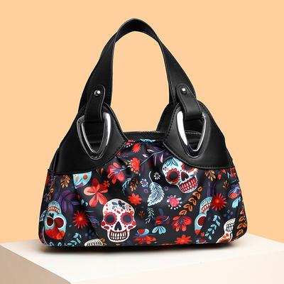 Skull Flower Printing Large Capacity Multi-compartment Handbag Shopping Going Out Lightweight Mobile Phone Bag