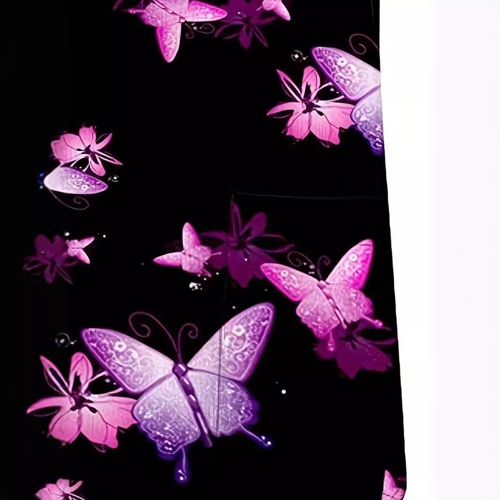 Romantic Pink Butterfly 3D Digital Print Women's Pocket V-neck Pullover Short Sleeved T-shirt Hospital Protective Apparel