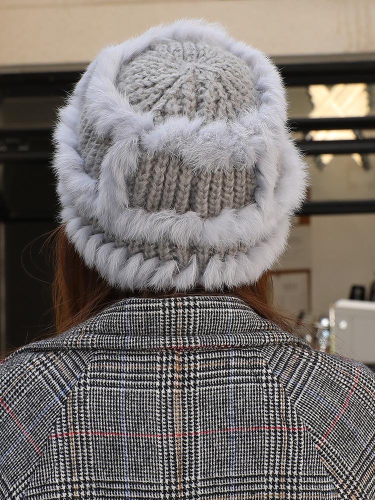 Rabbit Fur Knitted Bucket Hat Women's Autumn and Winter Ear Protection Warm Windproof Wool Hat Winter Hat
