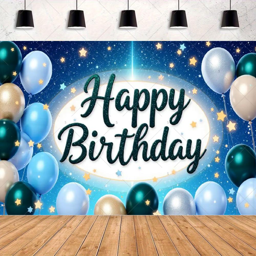 Blue Happy Birthday Theme Background Blue Sliver and Golden Glitter Balloon Decoration Banner Photography Supplies Prop Backdro