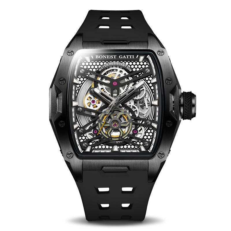 BONEST GATTI German Craftsmanship Men's Watch | Luxury Tonneau Stainless Steel Skeleton Automatic Mechanical Movement Wristwatch