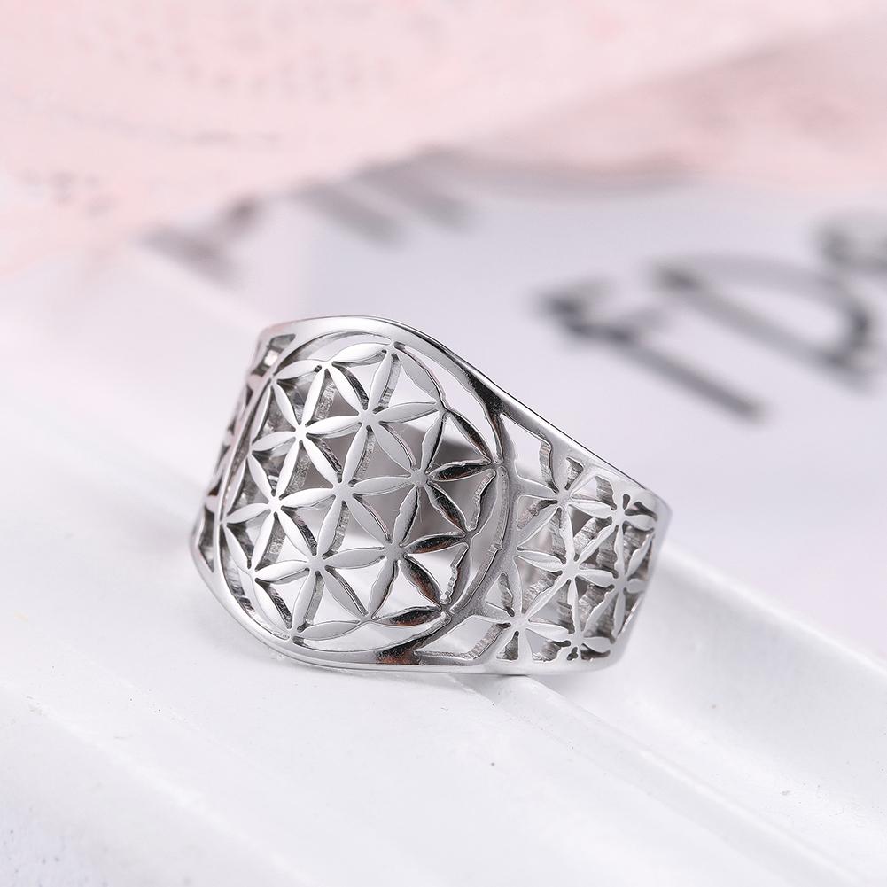 Flower of Life Rings Stainless Steel Sacred Geometry Women Finger Ring Amulet Vintage Jewelry Gift