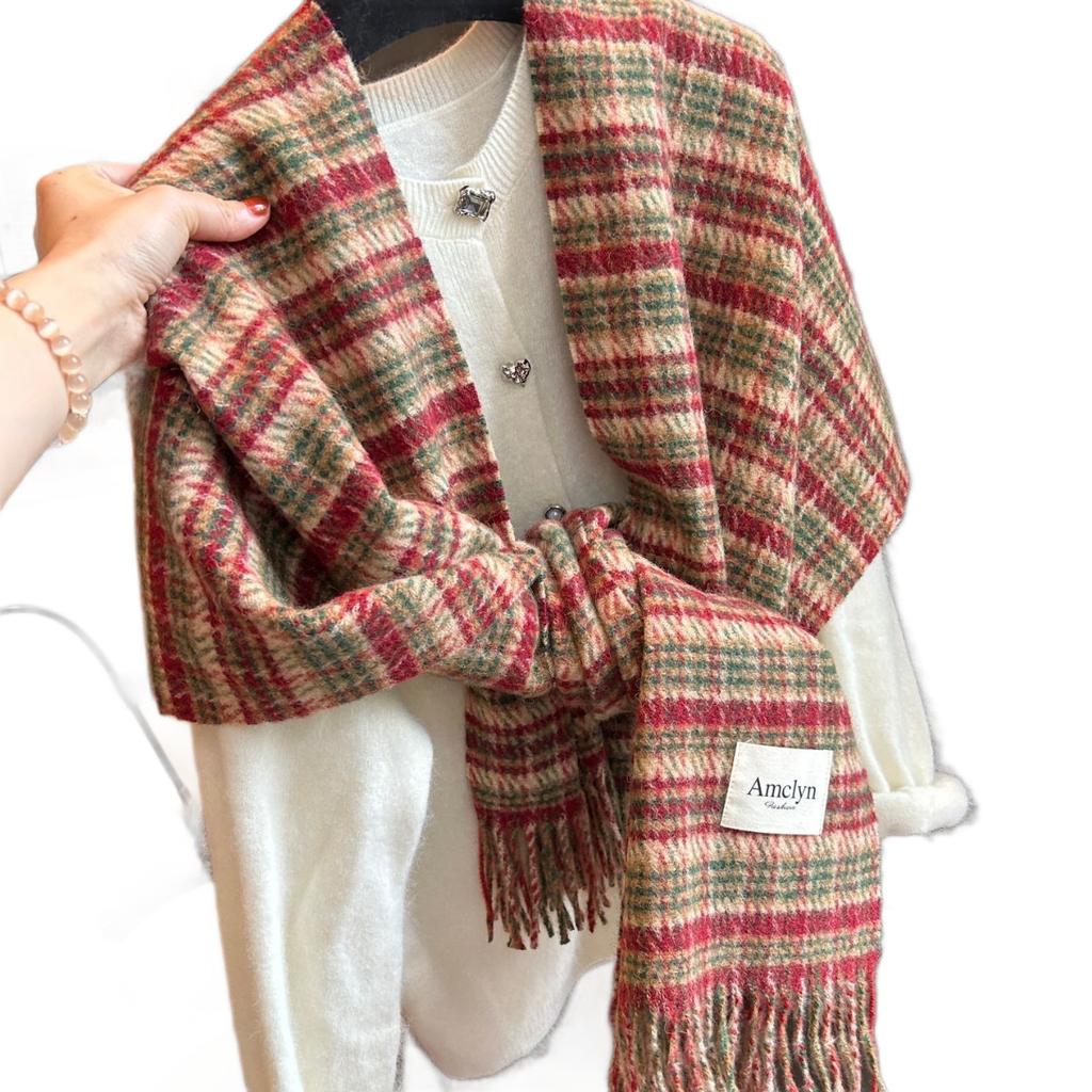 British Versatile Wool Blended Plaid Scarf for Women in Winter Red and Green Striped Outer Shawl High End Warm Scarf