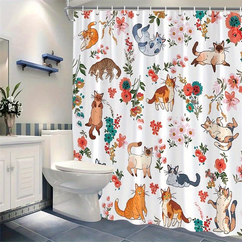 1pc Whimsical Playful Cats & Floral Shower Curtain - Cartoon Cats of Various Breeds in Vibrant Colors with Soft Pastel Flowers,