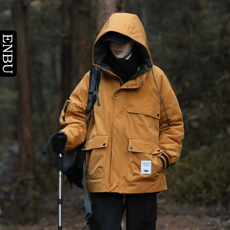Vinter Puffer Jakke til Mænd med Hætte Tyk Varm Dunfrakke Udendørs Vandring Camping Løstsiddende Afslappet Stil