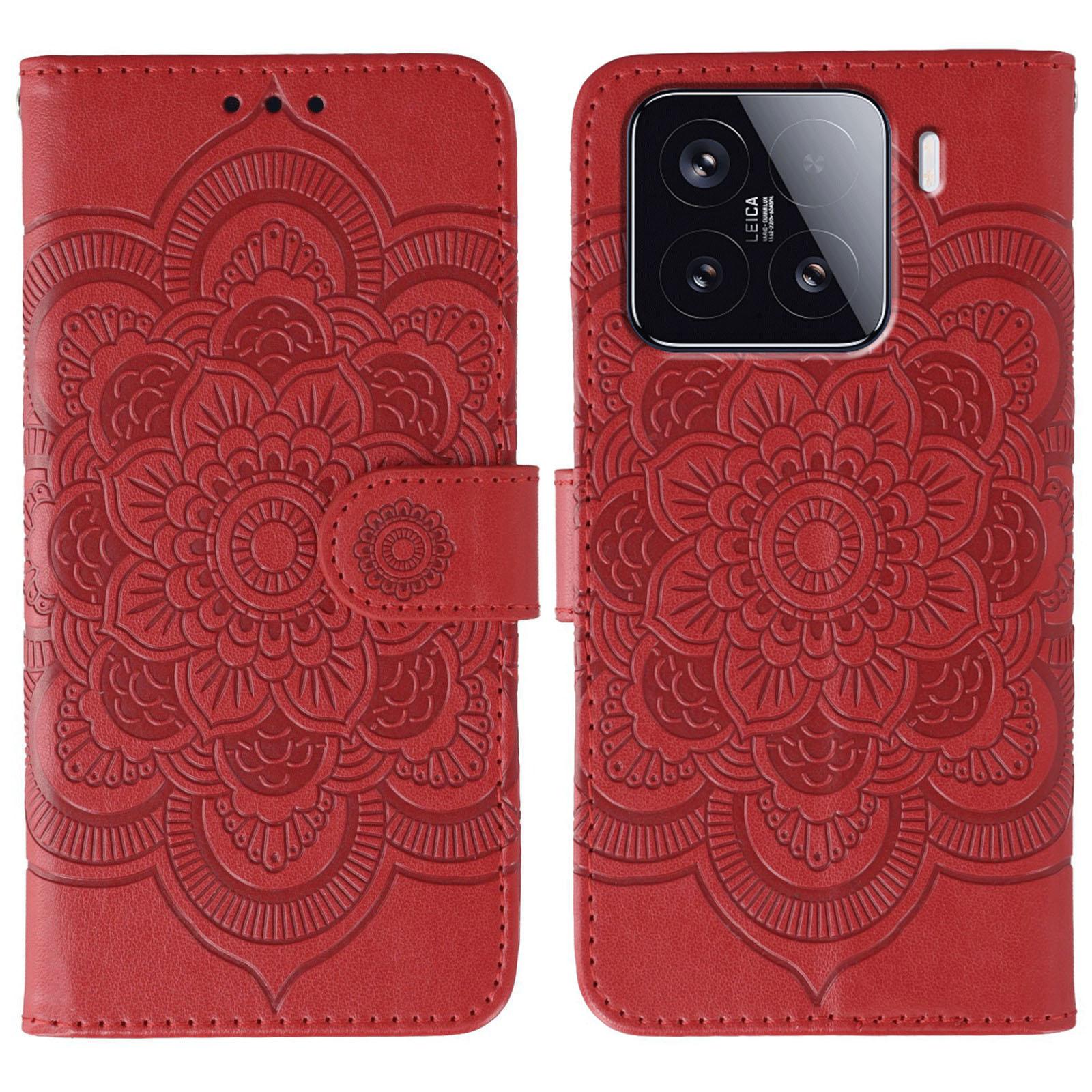 

For Xiaomi 15 Case PU Leather Mandala Imprinted Design Wallet Phone Cover Red