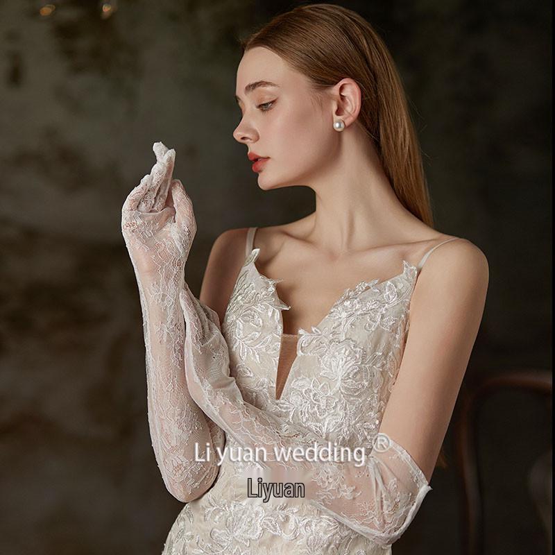 Off-White Sheer Lace Tulle Wedding Gown with Long Gloves
