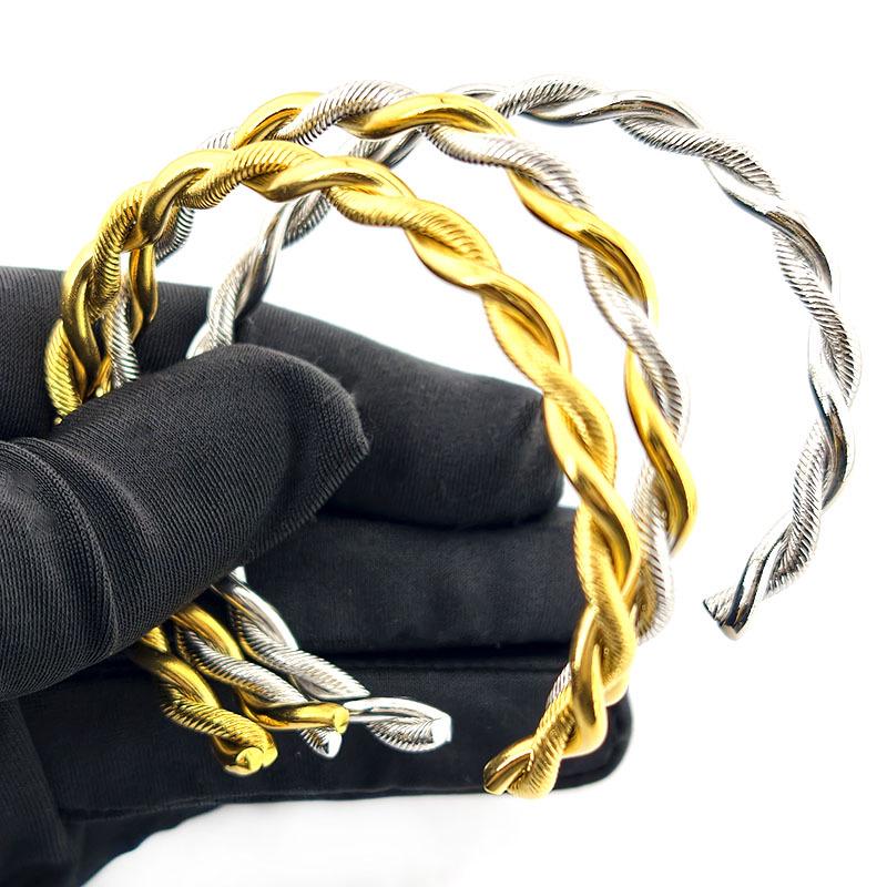 18K Gold Inlaid Stainless Steel Twisted C-Shape Bangle - Simple, Personalized Jewelry Accessory