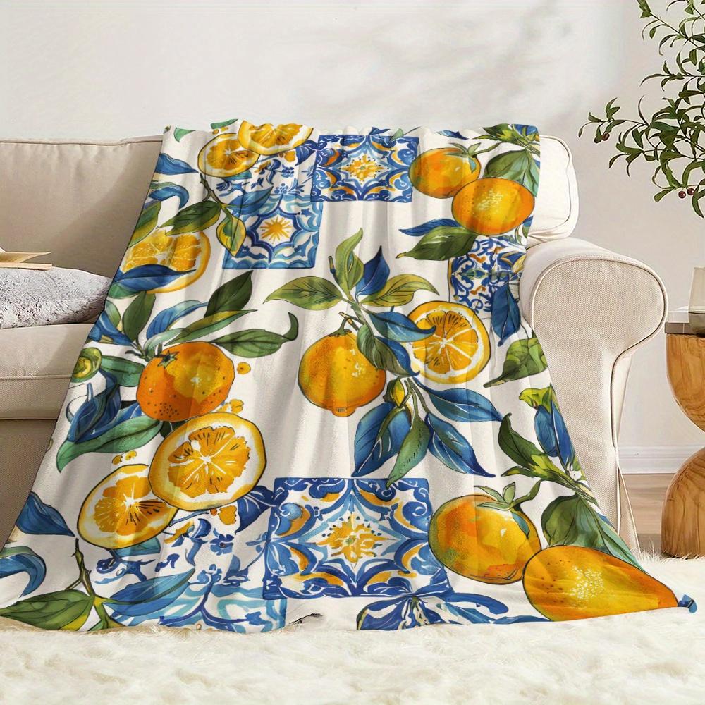 Contemporary Orange Blue Lemon Floral Flannel Throw Blanket, Soft Warm, All-Season Quilted Knit, Digital Print, for Napping Camping Travel Office