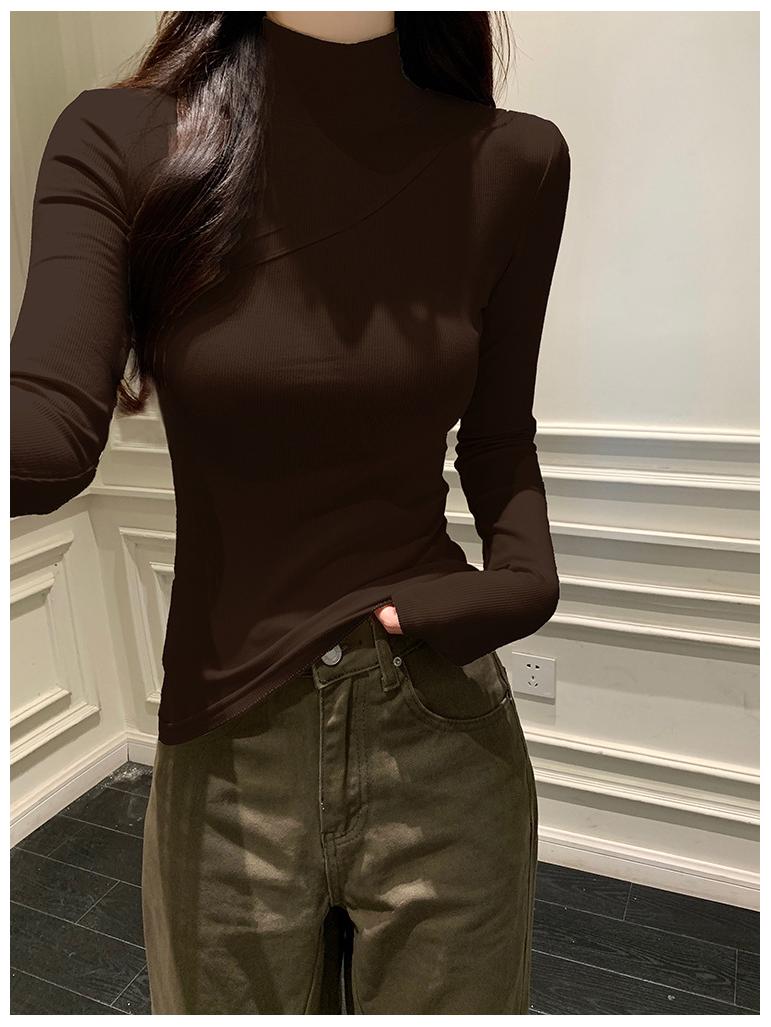 Women s Brushed Velvet Half-High Collar Slimming Long Sleeve Top for Autumn/Winter 2024 One Size