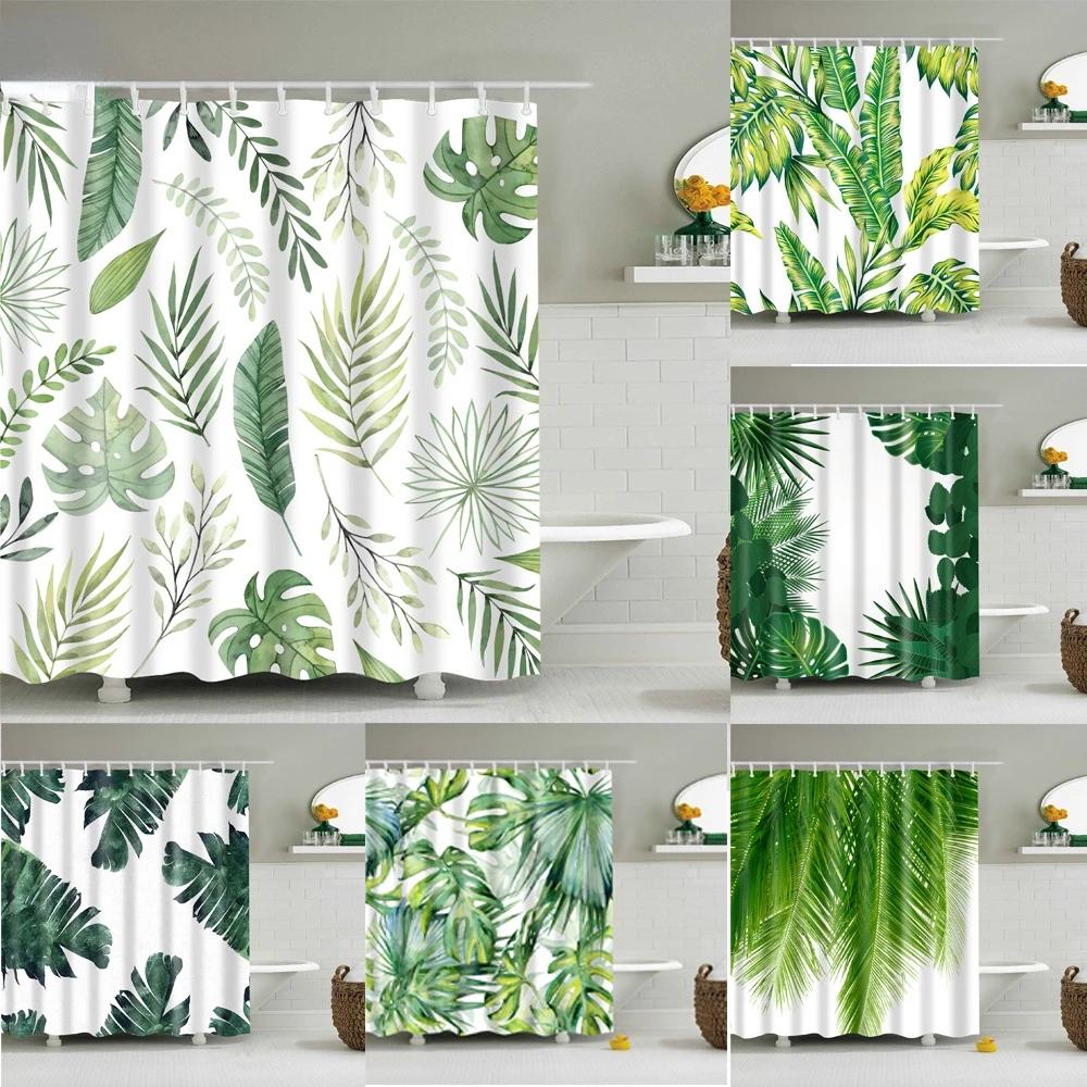 Watercolor Tropical Leaves Shower Curtain Waterproof Mildew Resistant Polyester Fabric With 12 Hooks Easy Installation For Bathr