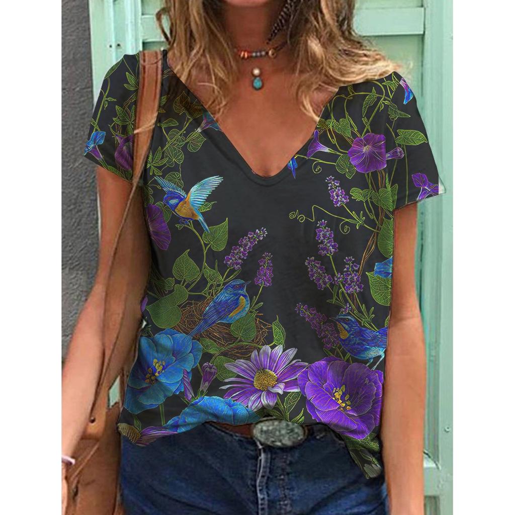 New 3D Printed Short Sleeved Women's Summer Casual Flower and Bird Print V-neck T-shirt