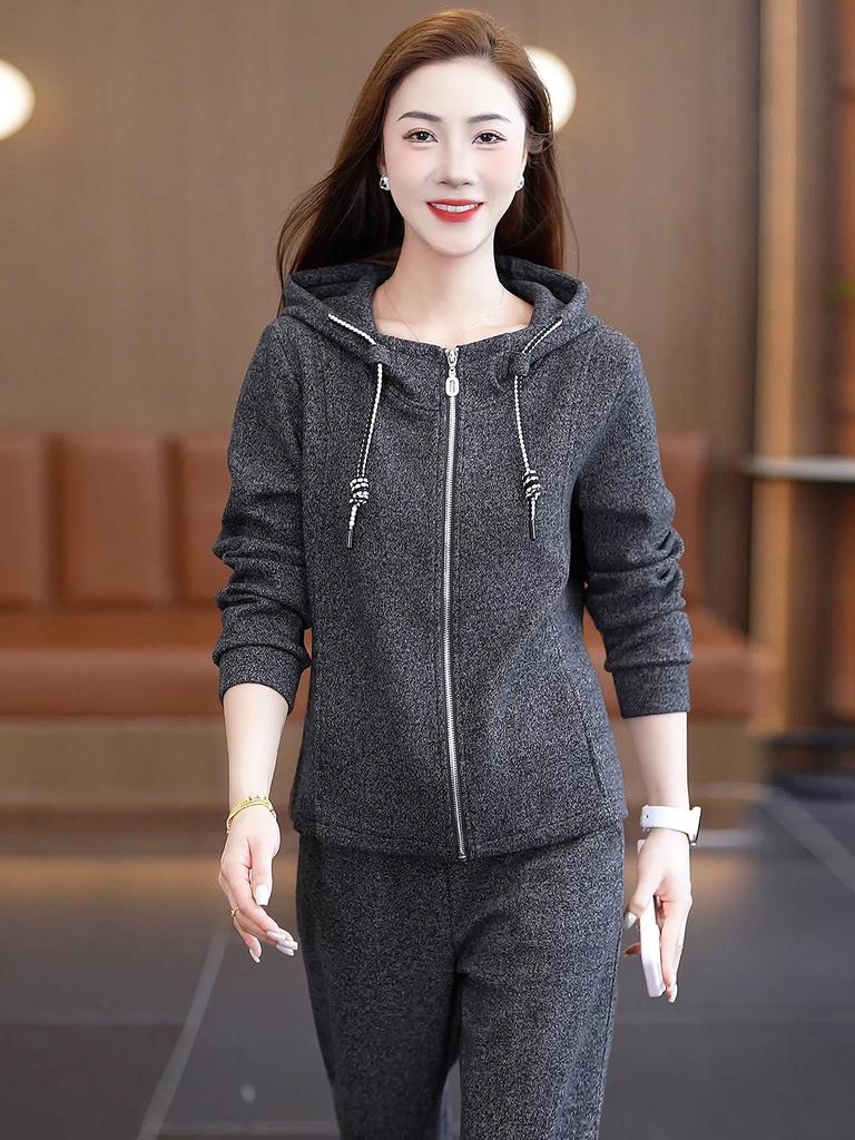 Women's Autumn Hooded Cardigan and Wide-Leg Pants Set: Casual, Slimming, Body-Concealing, Two-Piece Sportswear.