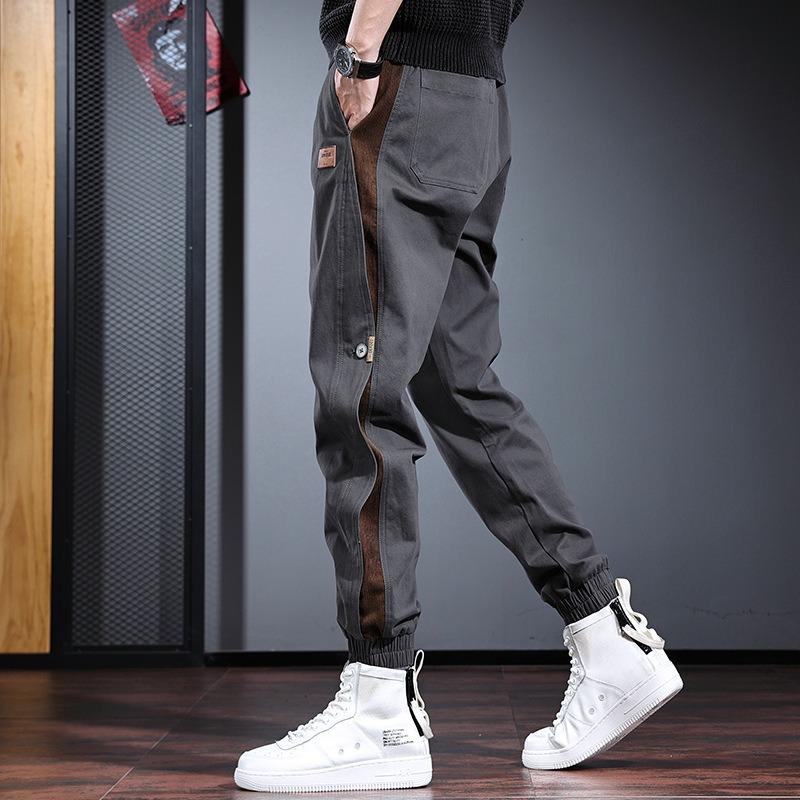 Autumn and winter large size tied feet contrasting colors men's casual pants casual loose high-end gray tooling pants men