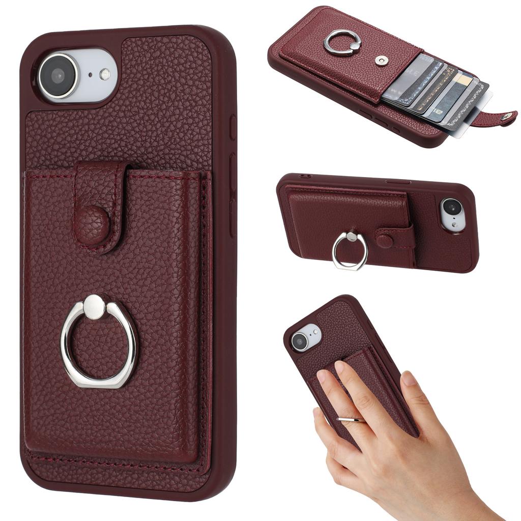For iPhone 16e Case with Ring Kickstand Drawing Type Card Slots Leather Back Cover