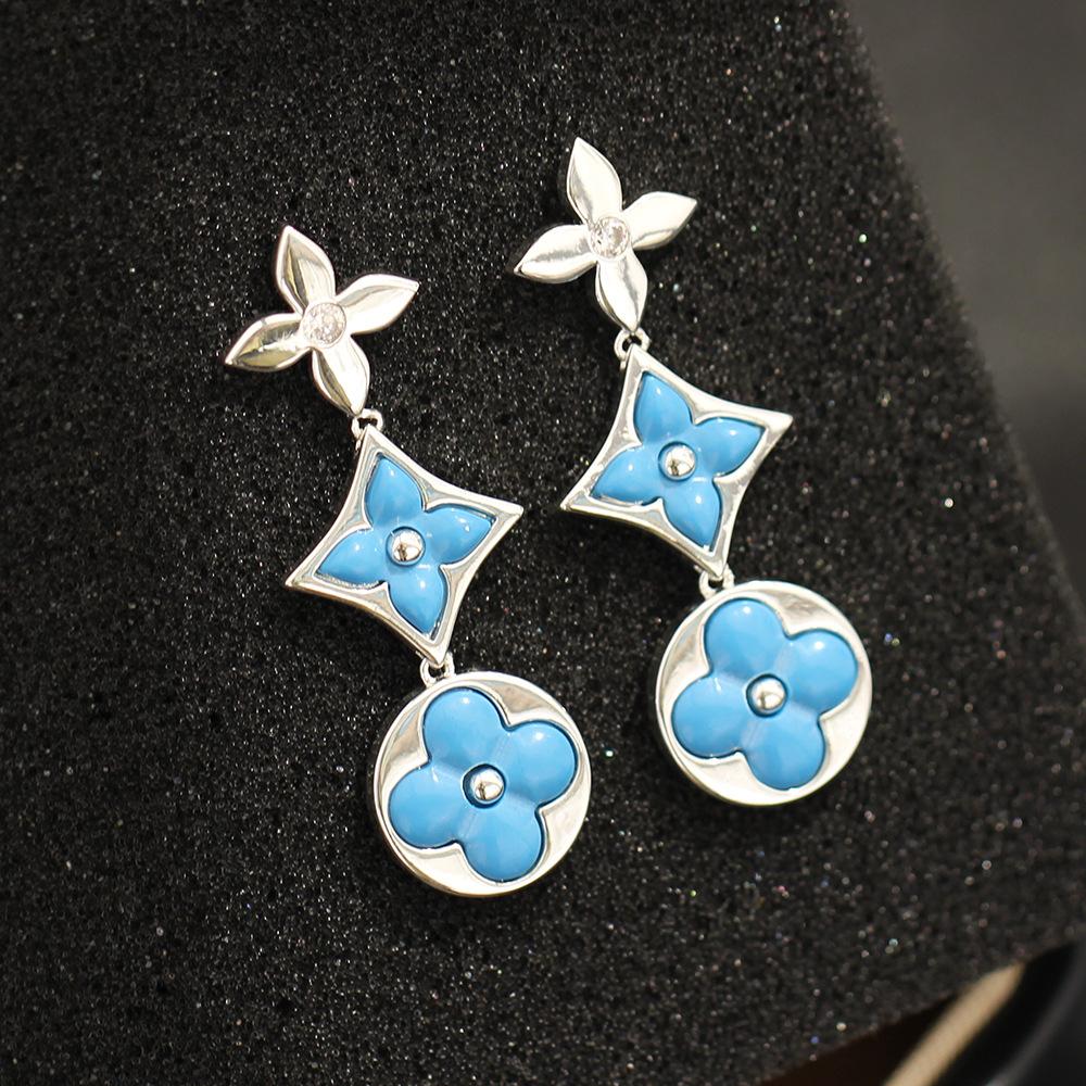 European and American light luxury blue flower pattern long earrings silver versatile personalized stud earrings 925 silver needle earrings for women