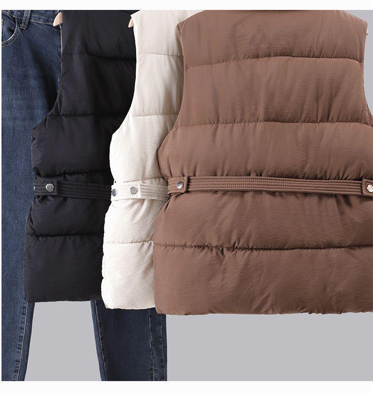 2025 Jesień/Zima Damska Kamizelka Bawełniana z Puchu: Pasek w talii, Wyszczuplający krój, Luźny stójka, Odzież wierzchnia bez rękawów