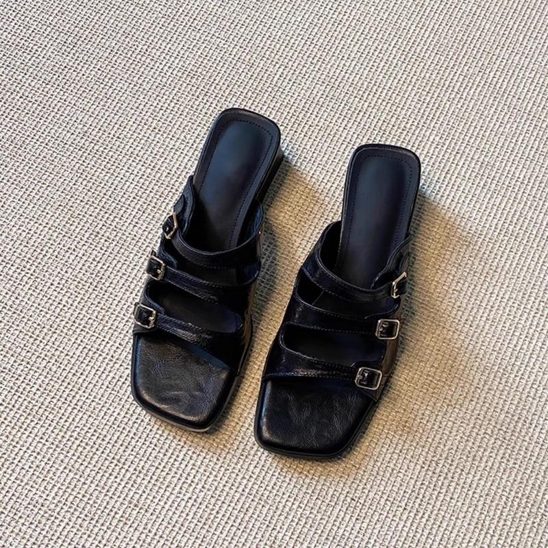 

Retro temperament square head one-word buckle sandals women s summer new black open-toed thick heel outer wear cool slippers 40 чёрный