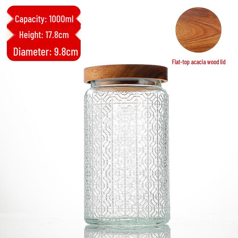 Cylindrical Embossed Glass Storage Jar with Wooden Lid for Dried Fruits and Grains