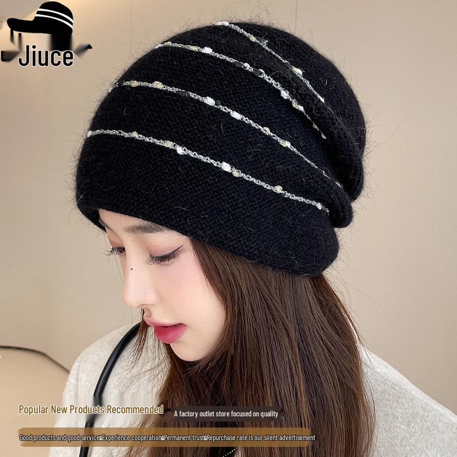 Women's Rabbit Fur Slouchy Hat with Ear Protection - Knitted Jumper Yarn, Plus Velvet, Autumn/Winter Style for Outdoor Warmth