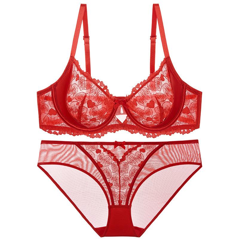 Sexy Underwear Ultra-thin Big Breasts Show Small Large Size Underwear Natal Year Red Girl Lace Bra Cover