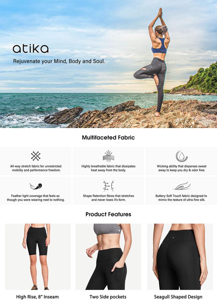 Atica Yoga Shorts with High Perfect for Gym and Solid Women's 8-inch Pockets, Waist, Sweat-Wicking, Quick-Drying, Stretchy, Breathable, Yoga, Pilates,