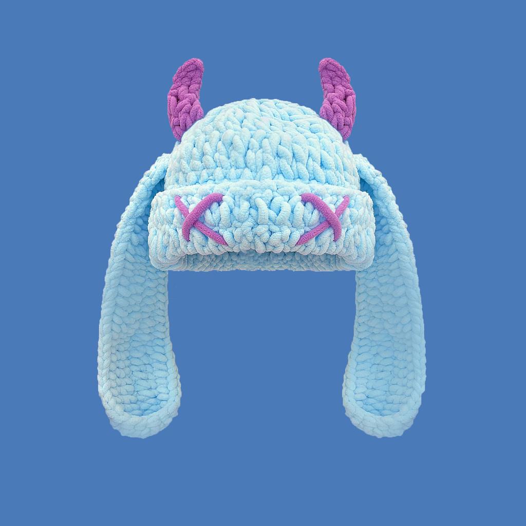 Japanese Popular Funny Devil Corner Crochet Knitted Beanie Hat Handmade Cute Long Ear Warm Cover Warm Wool Hat Spot