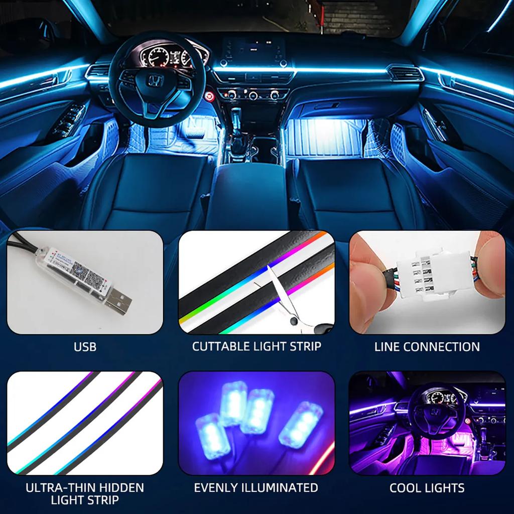 Car Ambient Lights 10 in 1 Footwell Universal RGB Atmosphere Lamps USB APP Remote Cigar Lighter for Tesla Model 3 Y S X