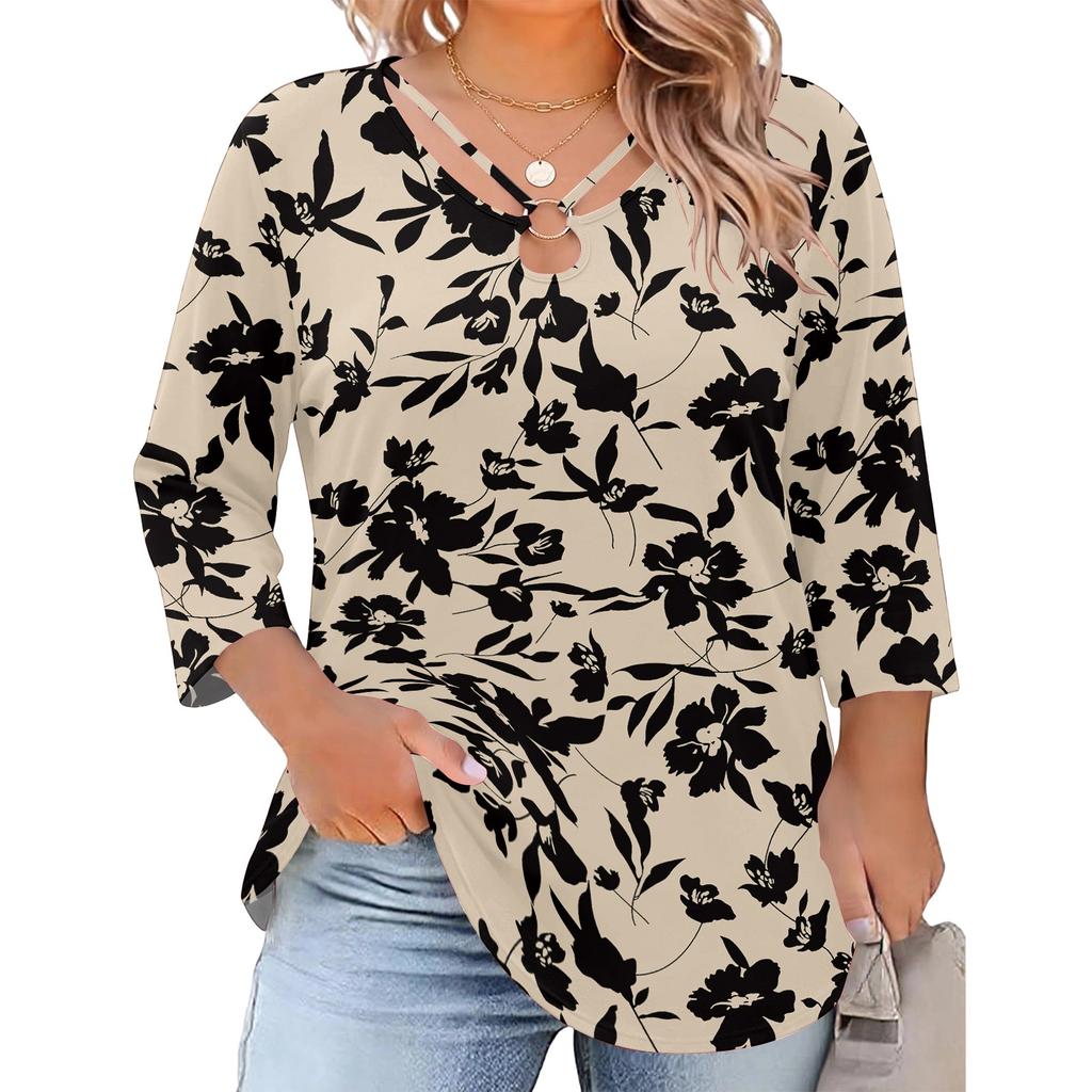 Blusa Floral Feminina Plus Size com Manga Três Quartos, Blusa Casual, Túnica de Corte Amplo para Primavera Verão, Uso Diário, Trabalho e Saídas