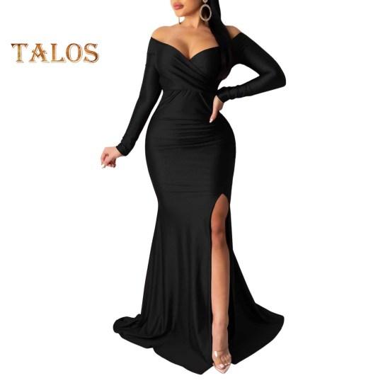 Lady Evening Dress V Neck Off Shoulder Side Slit Floor Length Long Sleeves Pleated Slim Fit Maxi Dress Ball Gown Banquet Party Dress