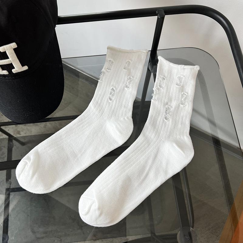 Distressed Mid Calf Socks Women Black Cotton Ripped Hole Stackable Boho Chic Tube Socks Three Season Spring Summer Fall