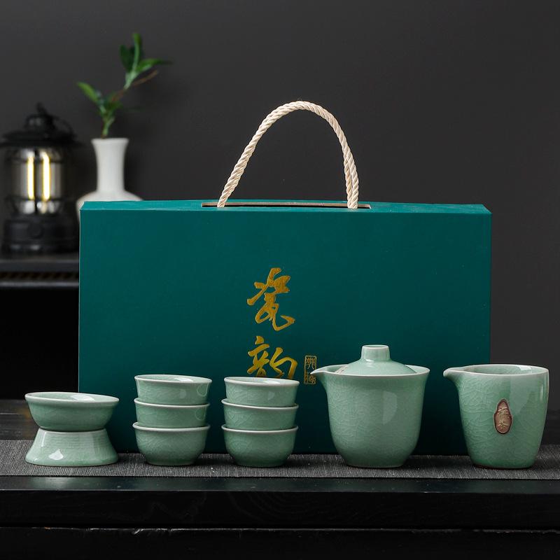Ge kiln ten heads open ceramic kung fu tea set gift box set teacup light luxury company event gift