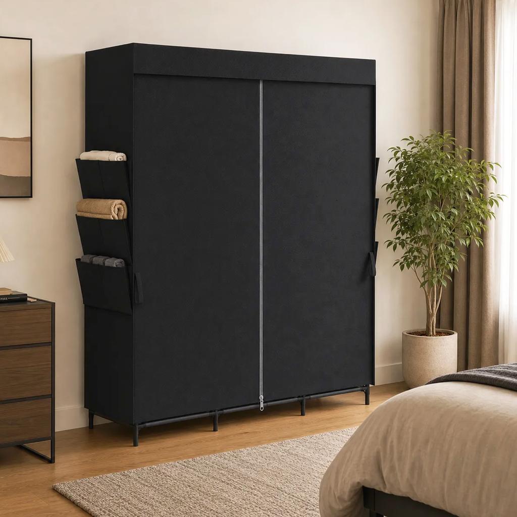 Space-saving Fabric Wardrobe with 3 Rods, 3 Shelves, 6 Side Pockets, Dust-Proof Doors with Zipper, Black