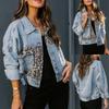 Damen Winter Denim Jacke mit Leopardenmuster Patchwork Lockerer Schnitt Langarm Mantel