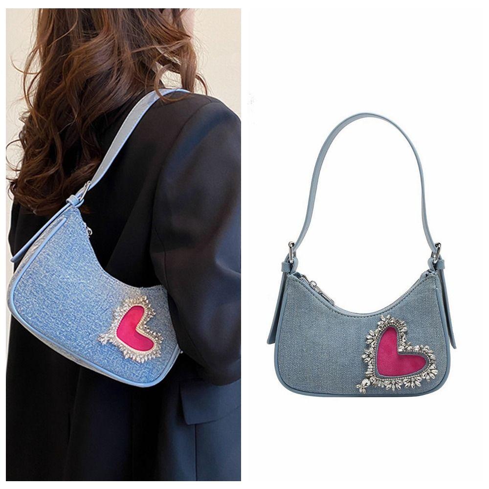 

Джинсовая сумка через плечо с блестящим сердечком и ромбовидной джинсовой сумкой через плечо, повседневная женская сумка под мышками в форме сердца
