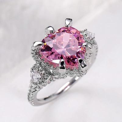 Cao Shi's Heart-Shaped Pink Zircon Diamond Ring - European & American Style for Weddings & Proposals
