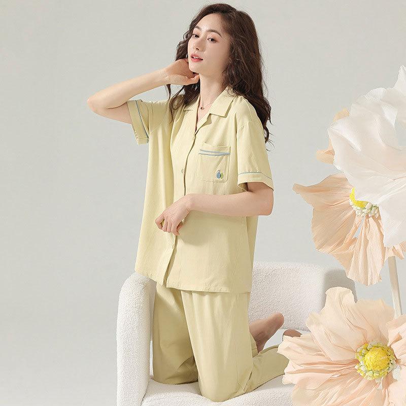 Pajamas Women'S Japanese Solid Color Cotton Short-Sleeved Trousers Casual And Comfortable Summer Cardigan Loungewear Women
