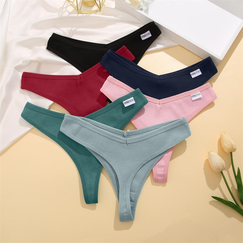 FINETOO 7Pcs Women Cotton Thongs Clothing Comfortable Waffle G-string Panties Female Low-Rise T-Back Underwear Bikini Lingerie