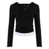 Casual Color Block Hooded Knit T-Shirt with Cinched Waist Long Sleeves