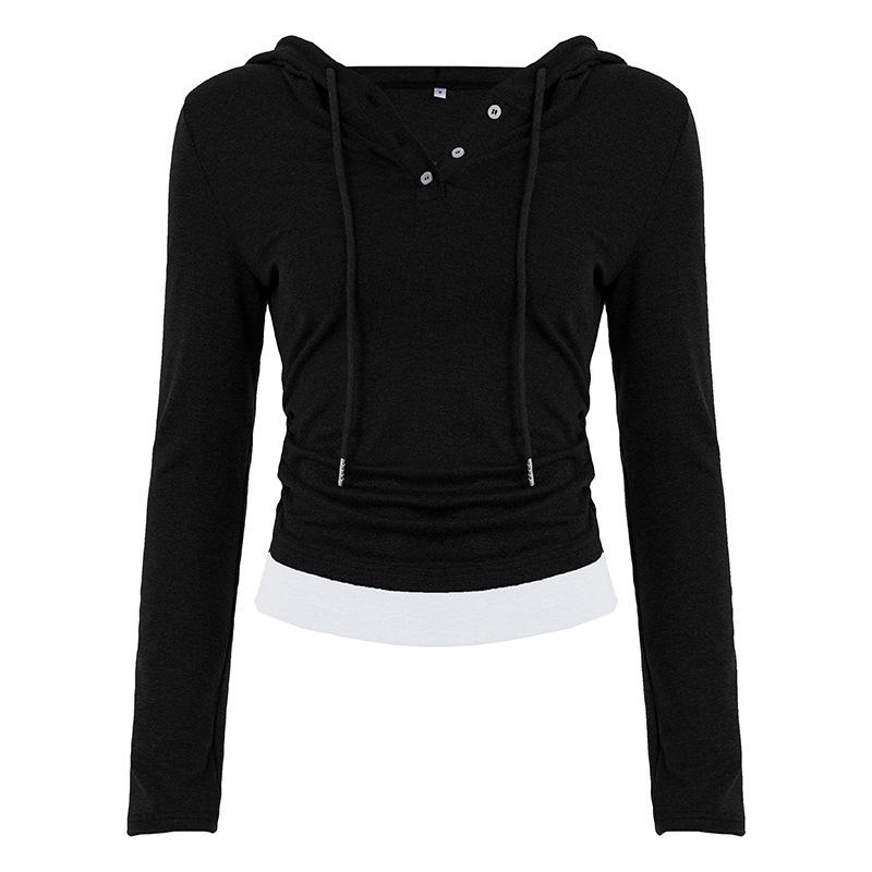 

Casual Color Block Hooded Knit T-Shirt with Cinched Waist Long Sleeves Small