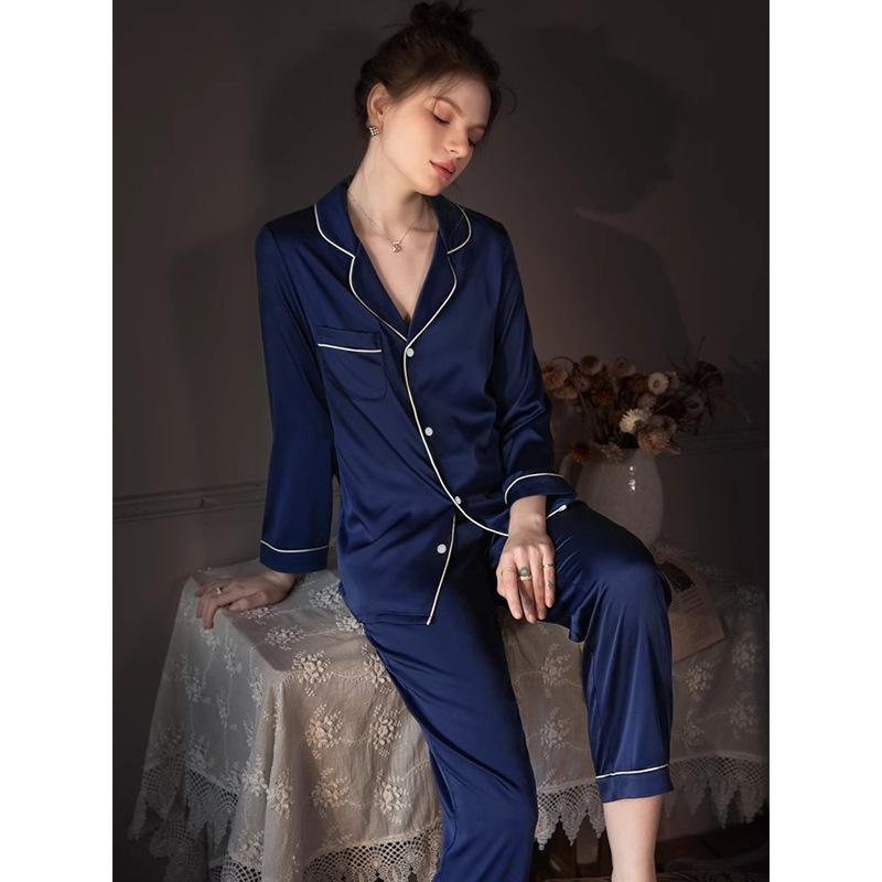 Fashion Ice Silk Pajamas Women'S Simple Solid Color High-End Long-Sleeved Loungewear Set