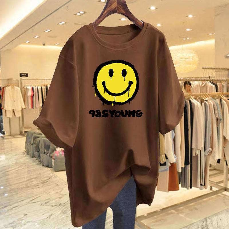 

Smiley face printed cotton short-sleeved t-shirt women s summer new loose top casual and thin round neck bottoming shirt XXXL