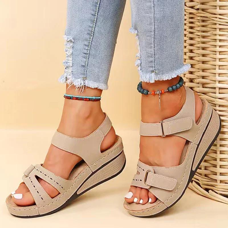 Fashion Classics Red Hook Loop Women Wedges Sandals PU Women's Thick Platform Sandalias Summer Lightweight Comfort Beach Shoes